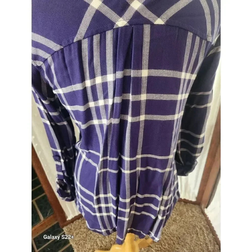 U15 Staccato Purple & White plaid button-up Shirt-Roll Tab Sleeves Chest Pocket